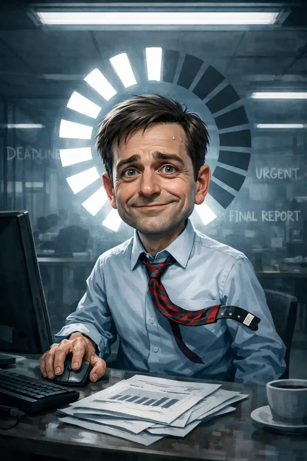Stressed data analyst under spinning loading halo in office
