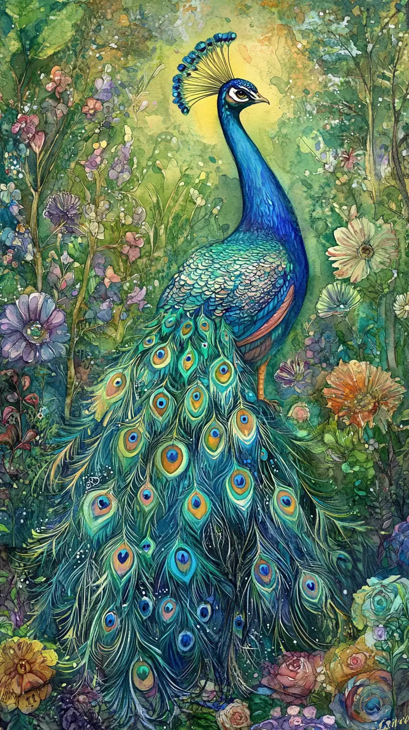 Whimsical Peacock In A Lush Green Forest Illustration