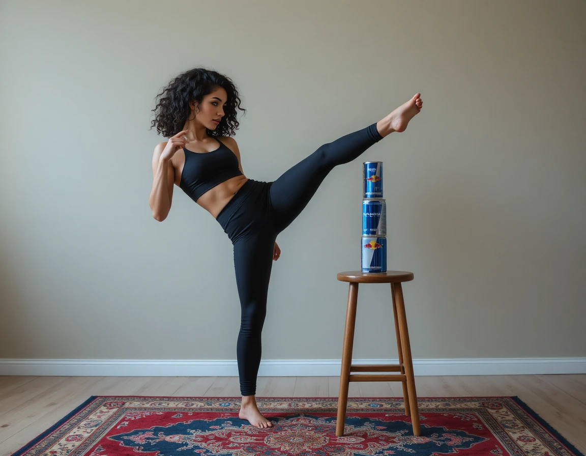 Giovane donna che calcia lattine di Red Bull in una scena interna tranquilla