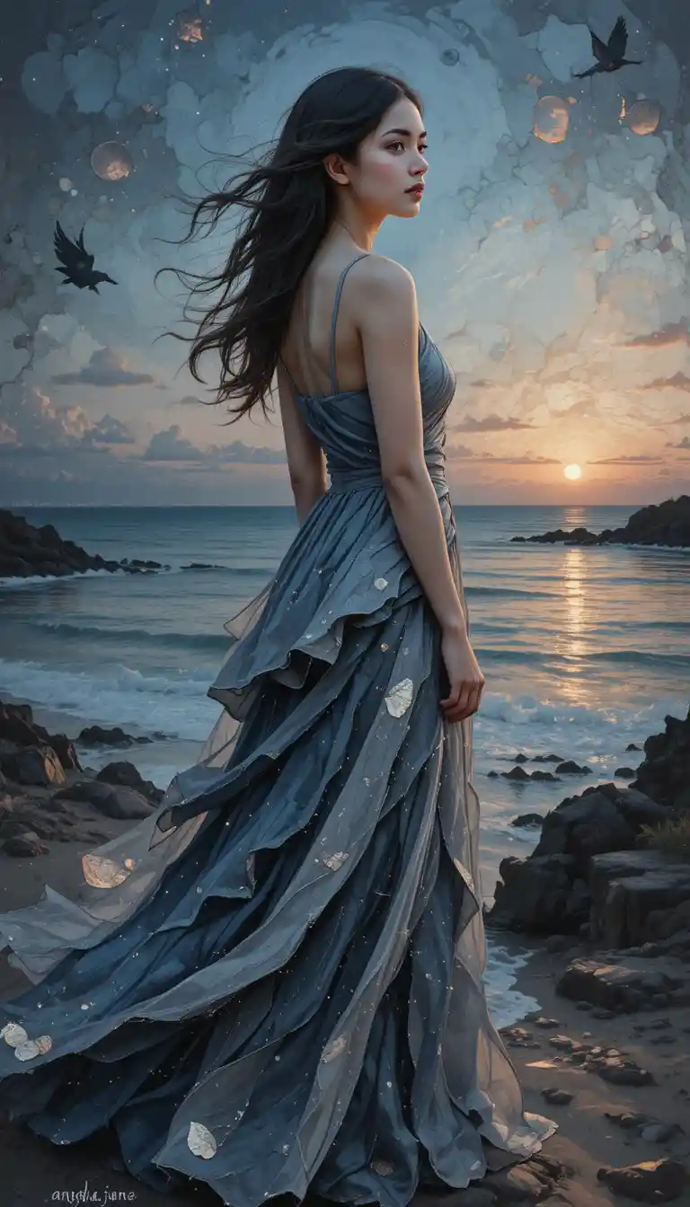 Woman in flowing gown at serene twilight shoreline