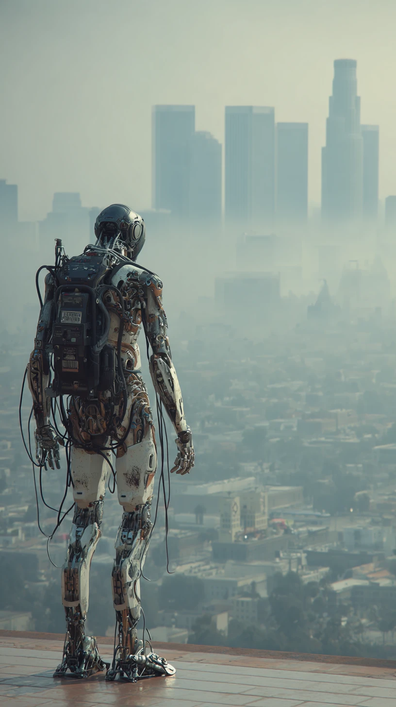 Esoscheletro d'acciaio futuristico che domina il caotico skyline di Los Angeles