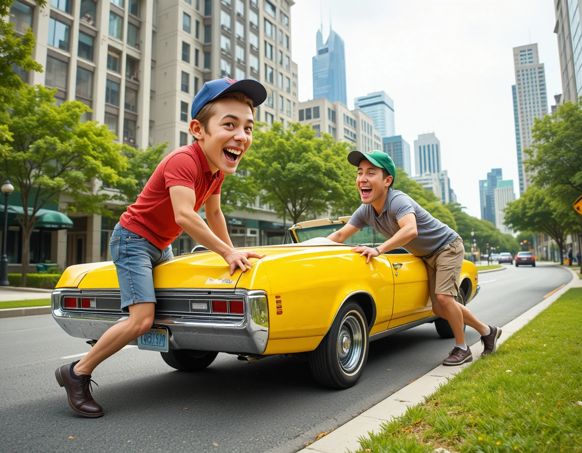 Dos amigos empujando un descapotable amarillo vintage en el tráfico de la ciudad