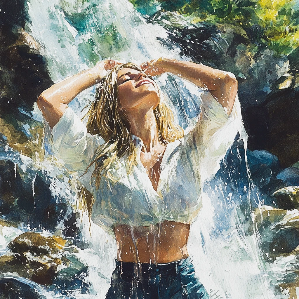 Donna sorridente sotto una cascata in acqua che scorre dolcemente