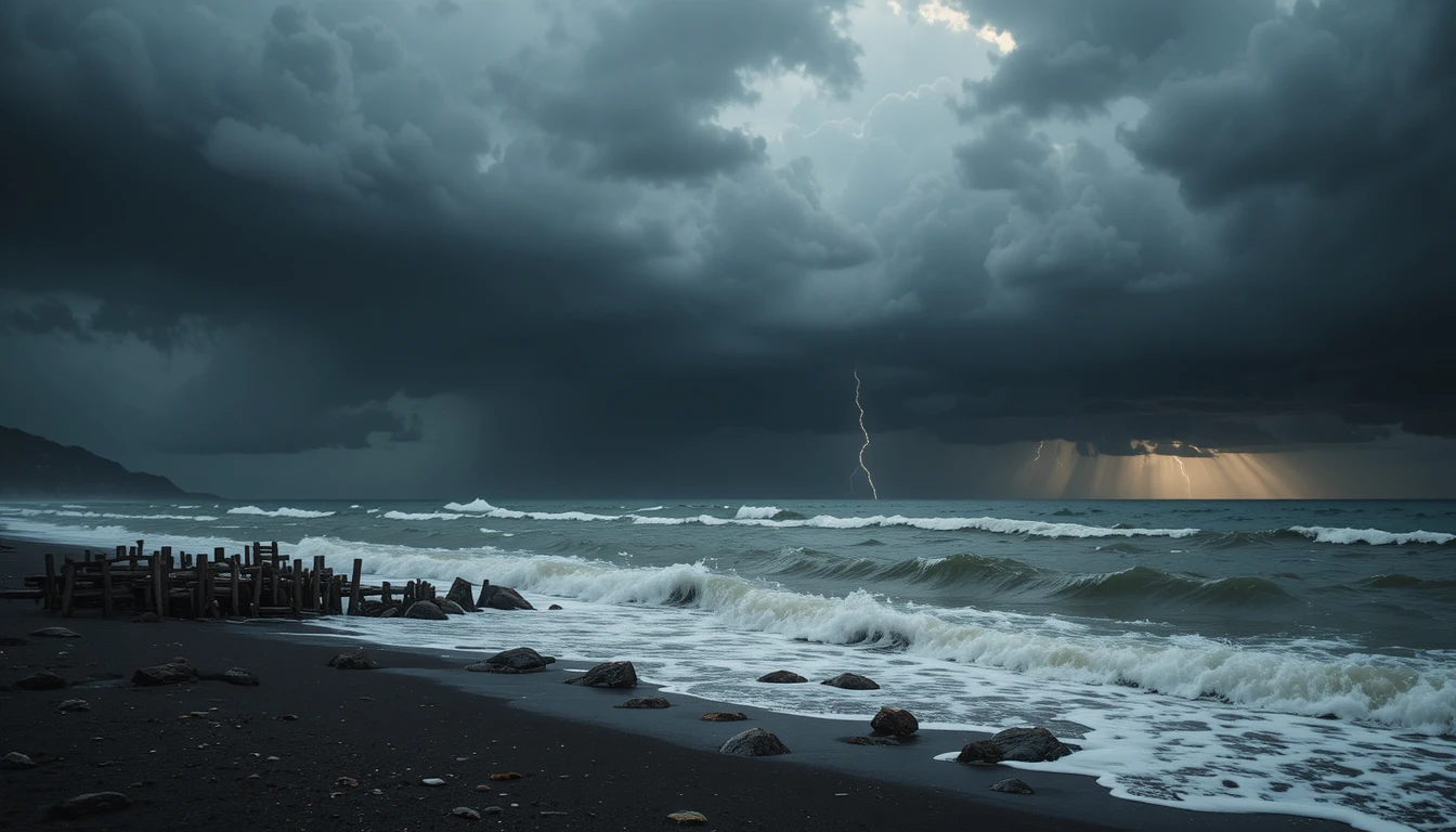 Mare in tempesta con fulmini su spiaggia rocciosa scura