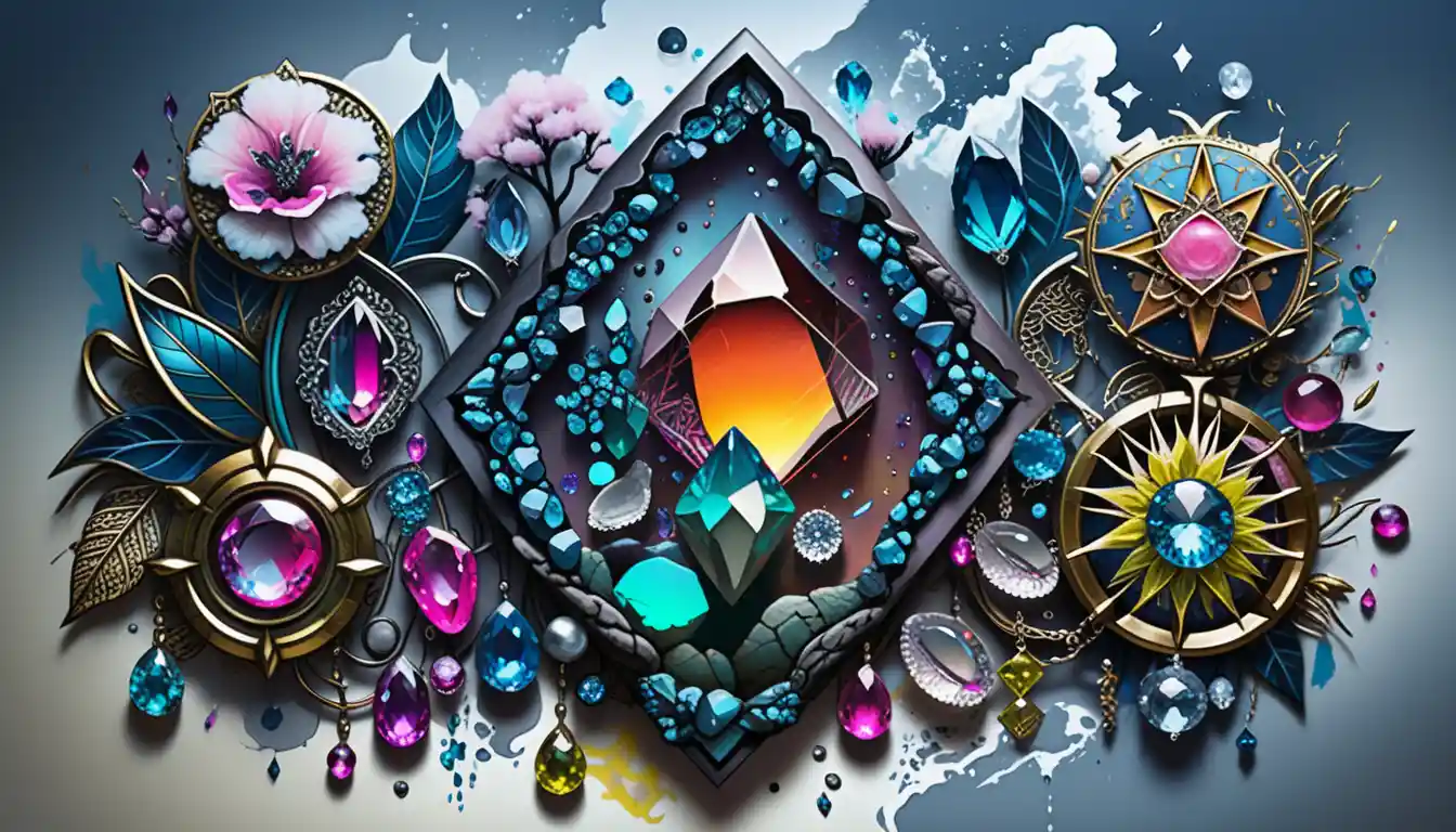 Bohemian goth gemstone tattoo illustration with neon crystal accents