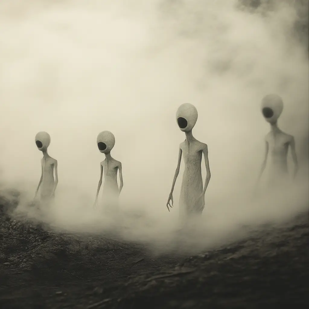 Surreal aliens wandering through mist in an underground base