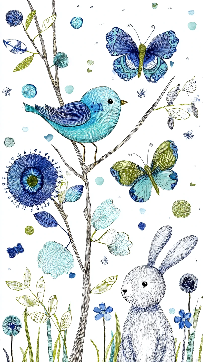 Verspielter Folk-Art-Garten mit Vogel, Hase und Schmetterling