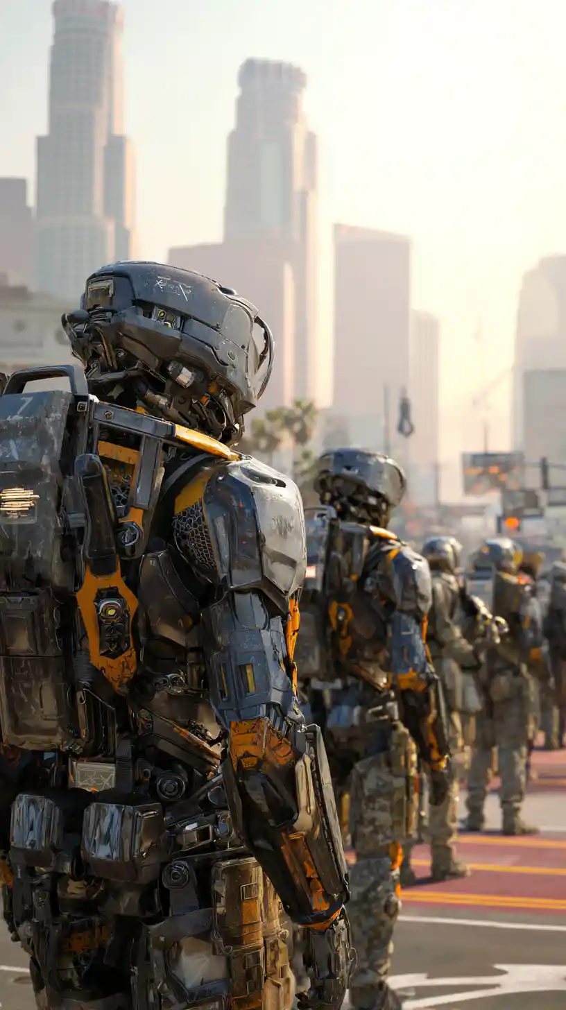 Massive futuristic exoskeletons battling soldiers in ruined city