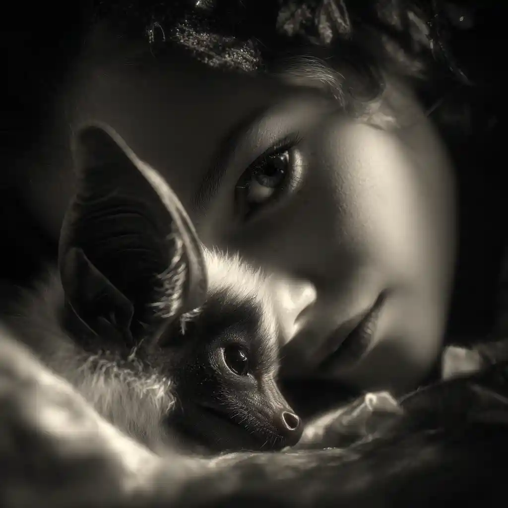 Cinematic portrait of two cuddling white and black bats