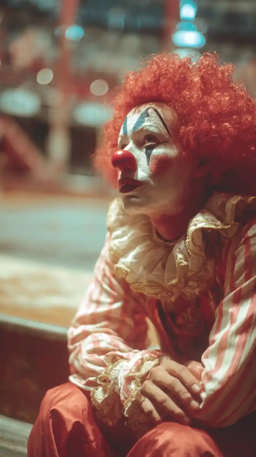 Sad clown sitting at the edge of a circus ring