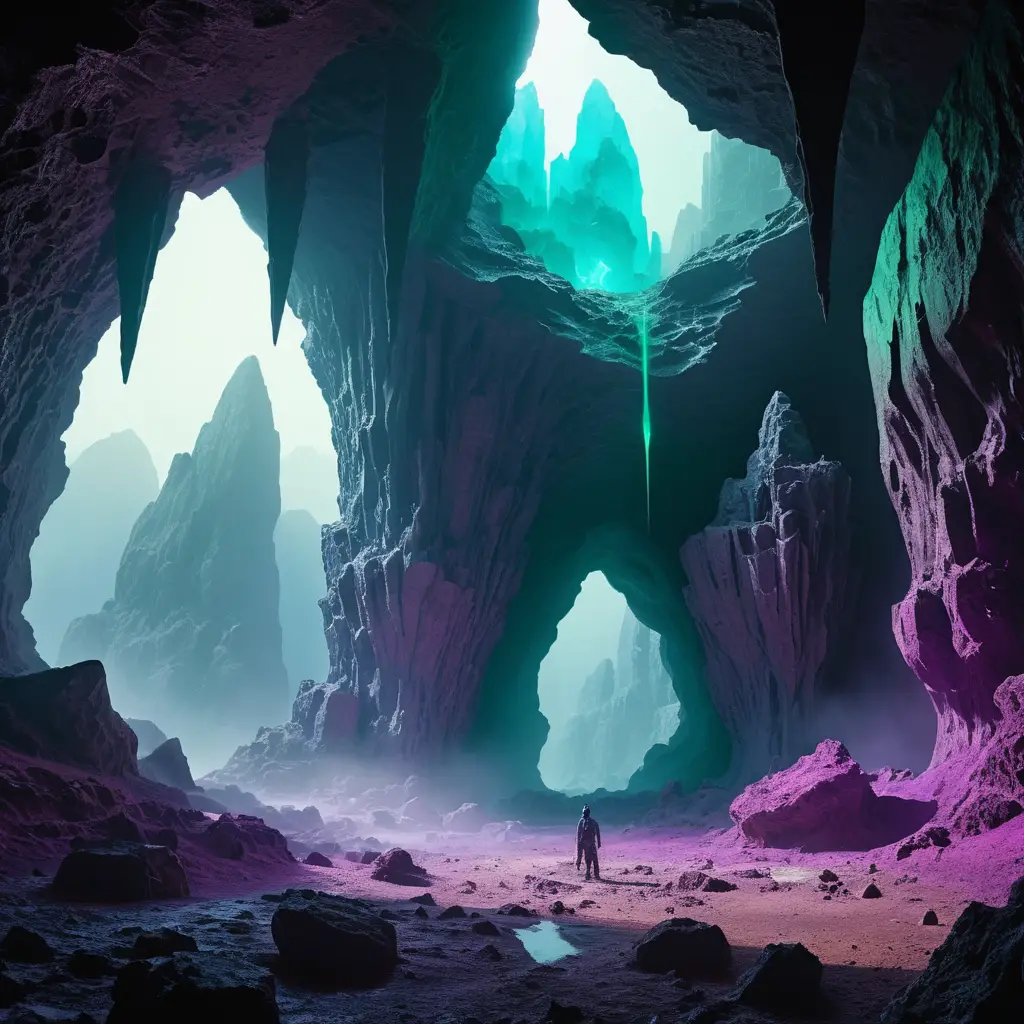 Xenocristales alienígenas brillando dentro de una vasta caverna volcánica