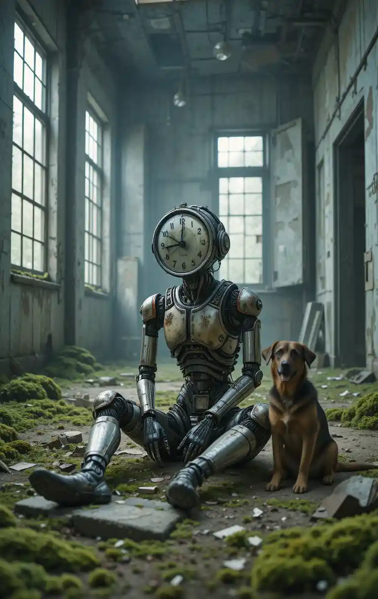 Humanoid robot with clock head in decayed urban interior