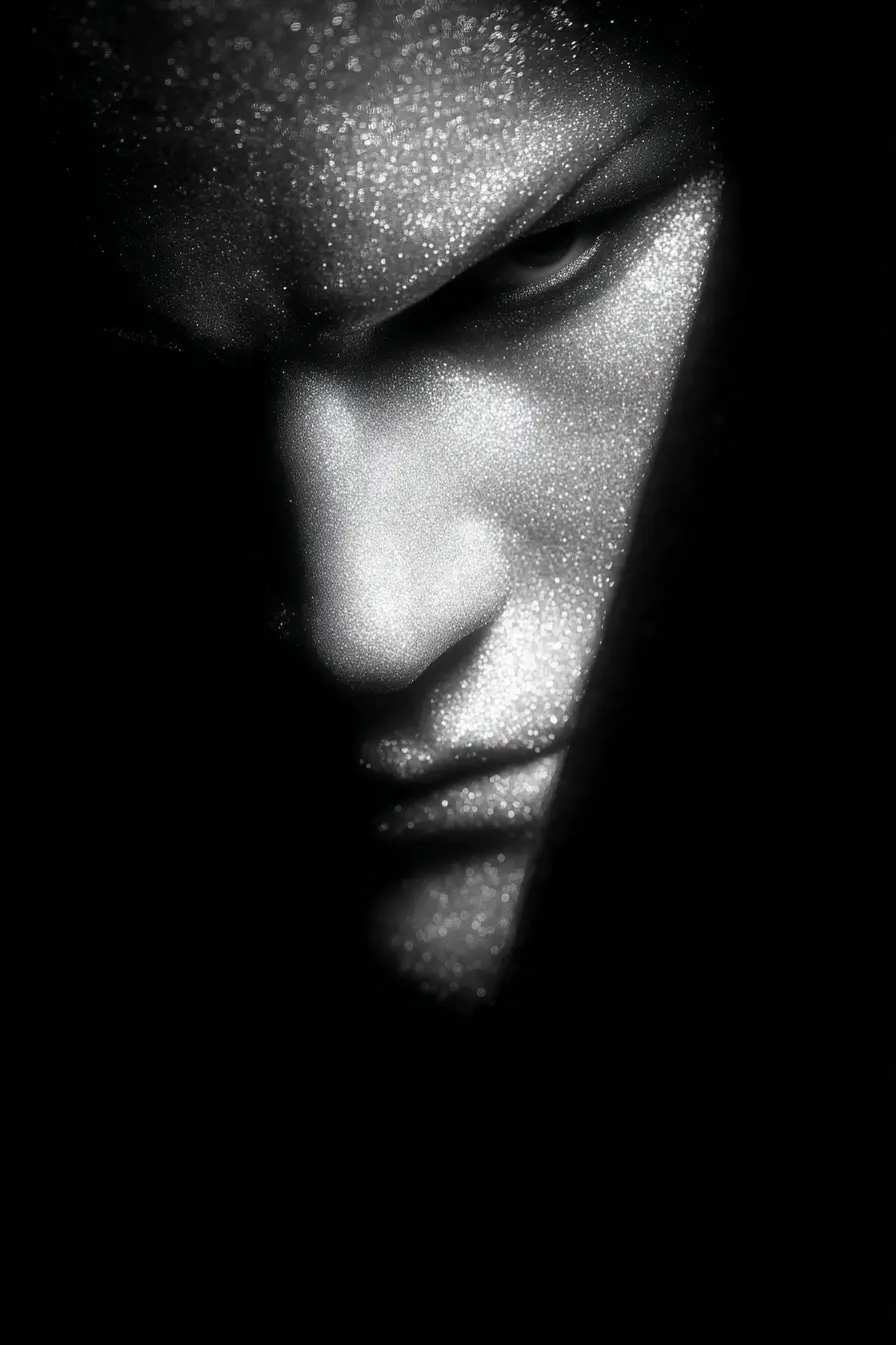 Glowing face emerging from darkness in fantasy style