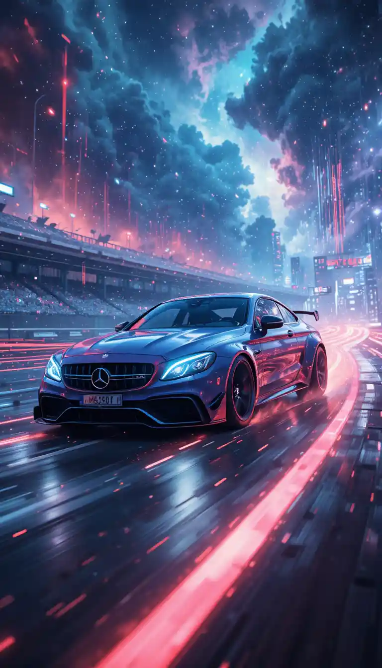 Powerful sports car racing on an illuminated international track