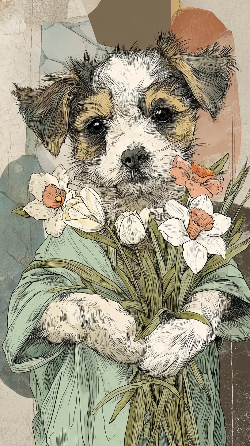 Cute puppy with tulip bouquet in watercolor illustration