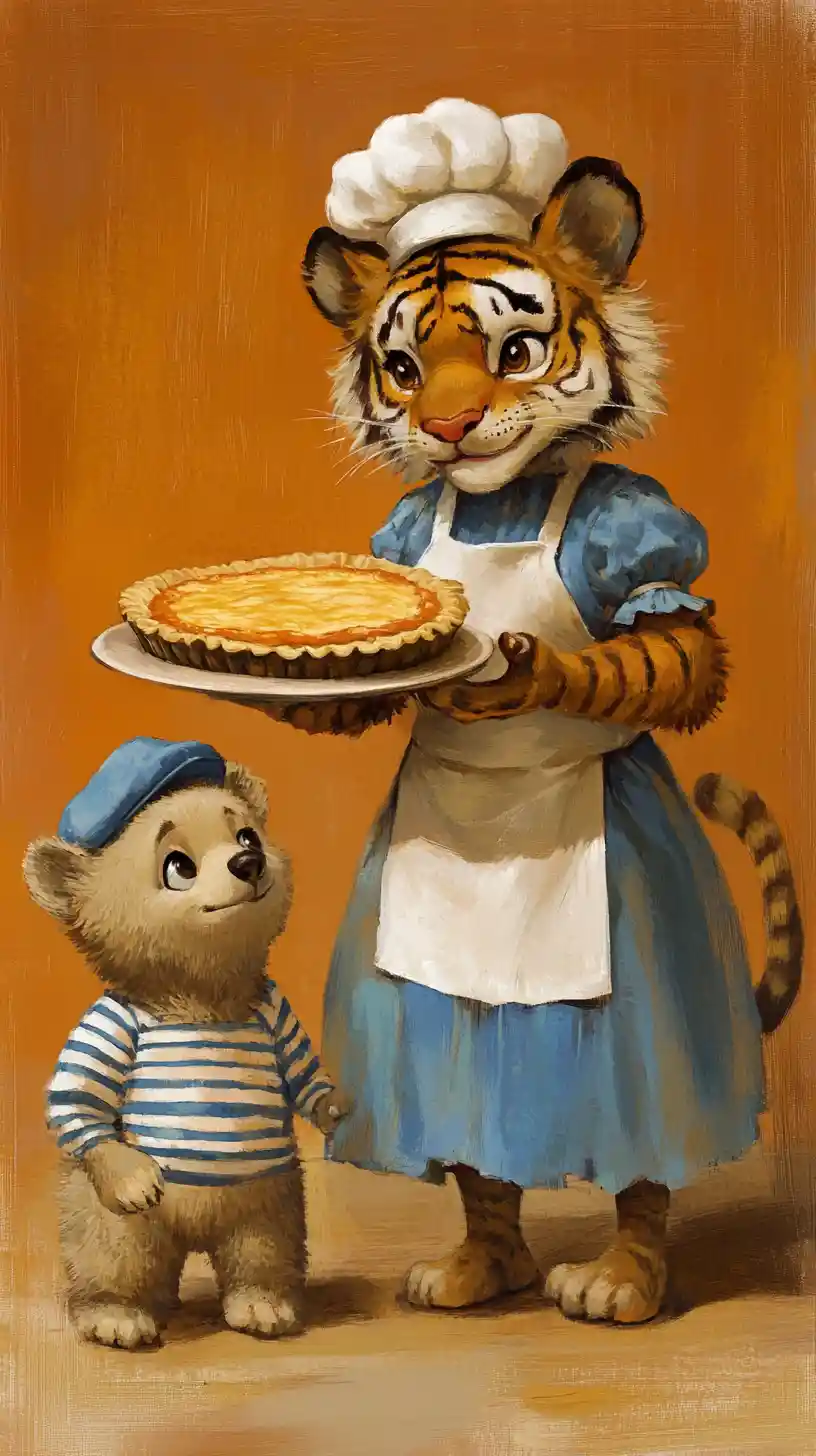 Tiger cook serving pie to a curious bear cub