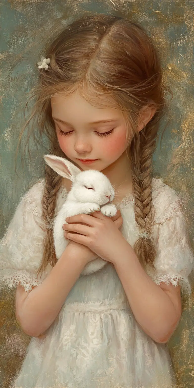 Young child cuddling a tiny white rabbit illustration