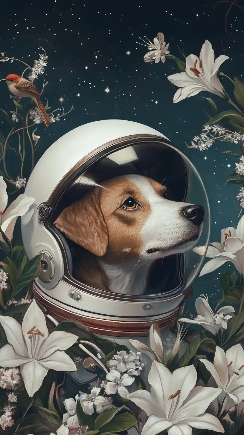Dog astronaut with flowers in a cosmic fantasy portrait
