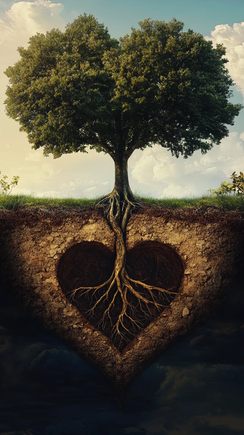Deux arbres se rejoignant sous terre avec des racines formant un cœur