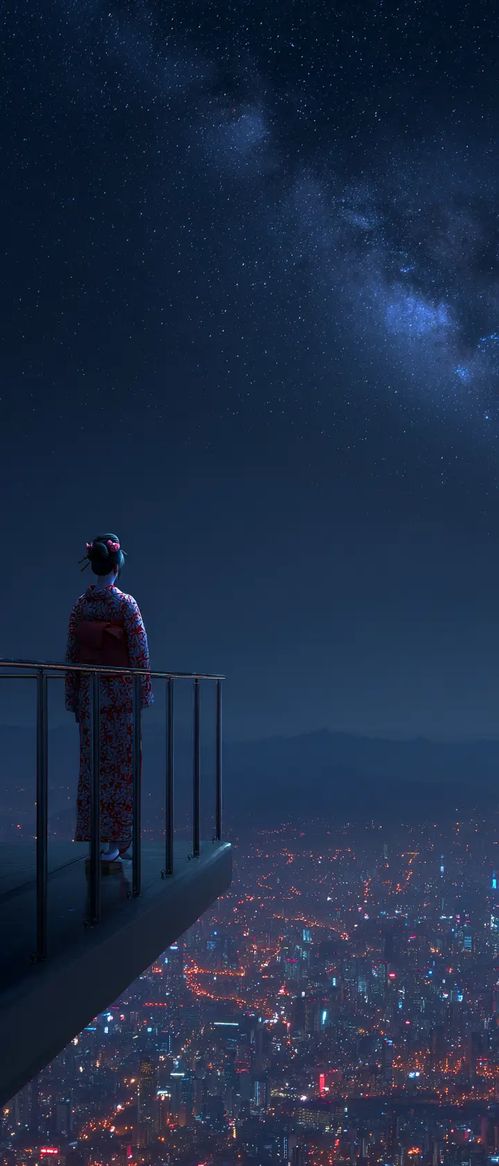 Cyber geisha dancing on futuristic glass sky bridge