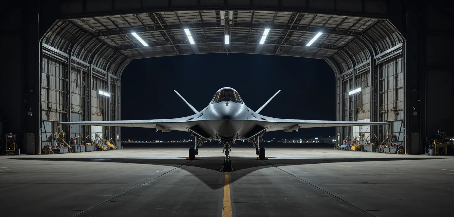 Stealth bomber in a dimly lit military aircraft hangar