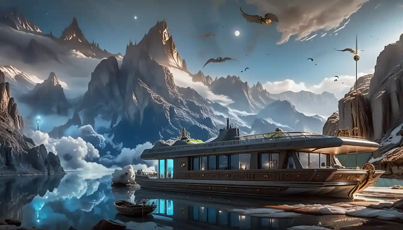 Houseboat futuristica che brilla nella notte montana avvolta dalla nebbia