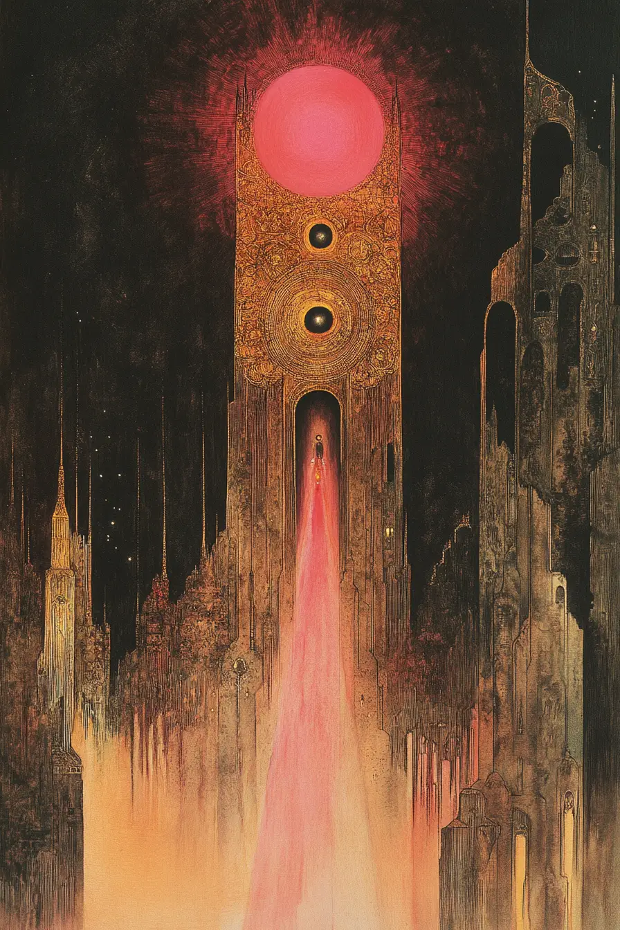 Avventurieri si avvicinano a una struttura imponente in un paesaggio fantasy