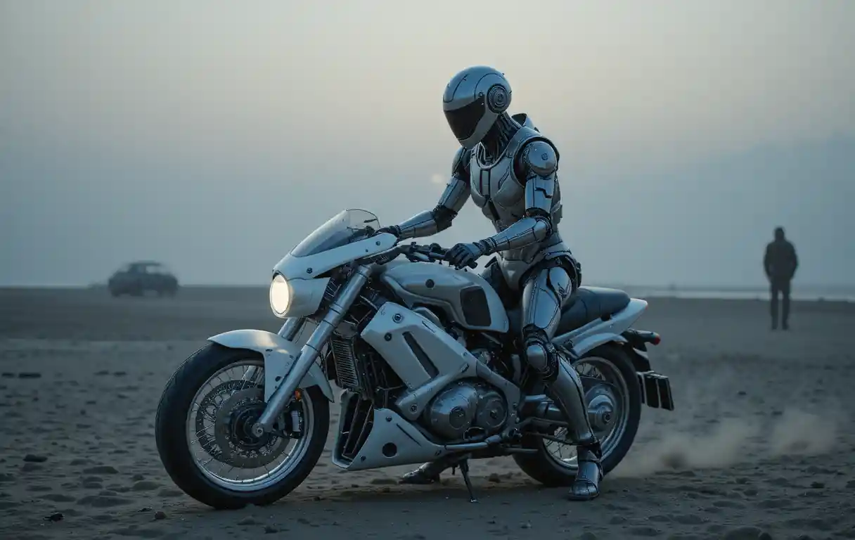 Futuristic robot on glowing motorcycle at foggy dawn beach