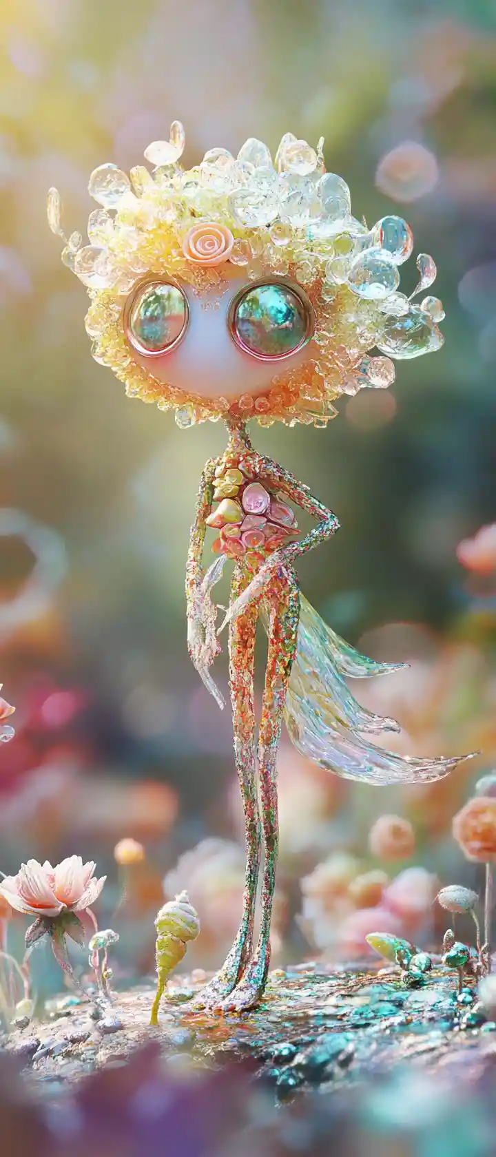 Whimsical metallic fairy standing in pastel tones