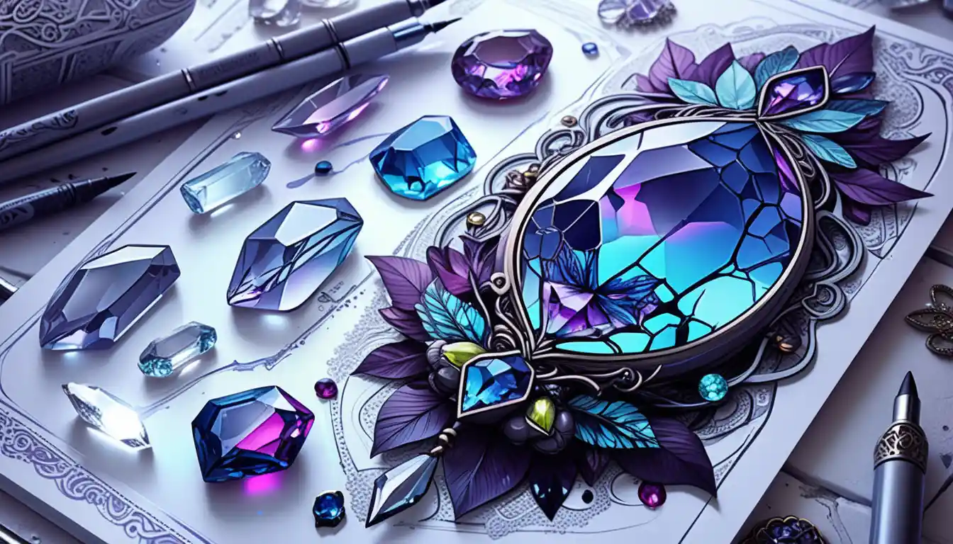 Mystical gemstone jewelry tattoo illustration with neon crystals