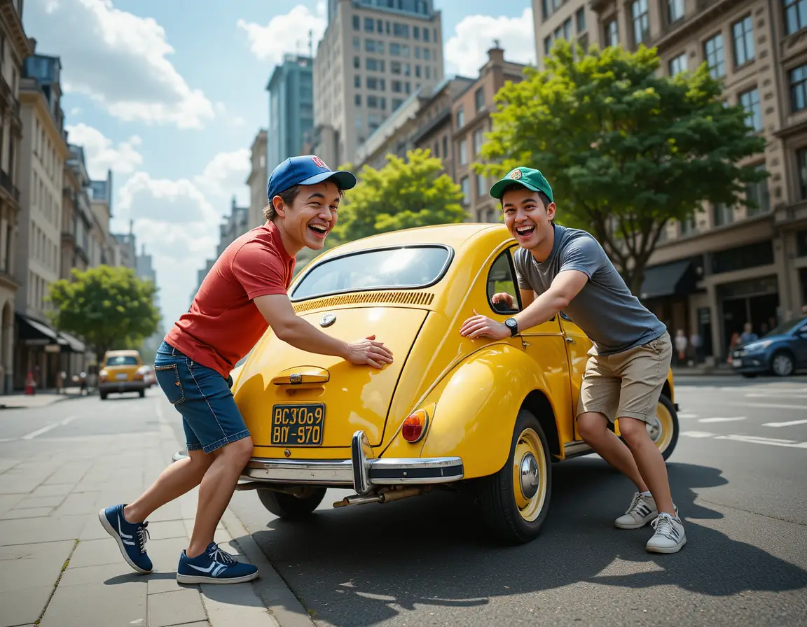 Dos hombres empujando un coche amarillo vintage por una calle de la ciudad