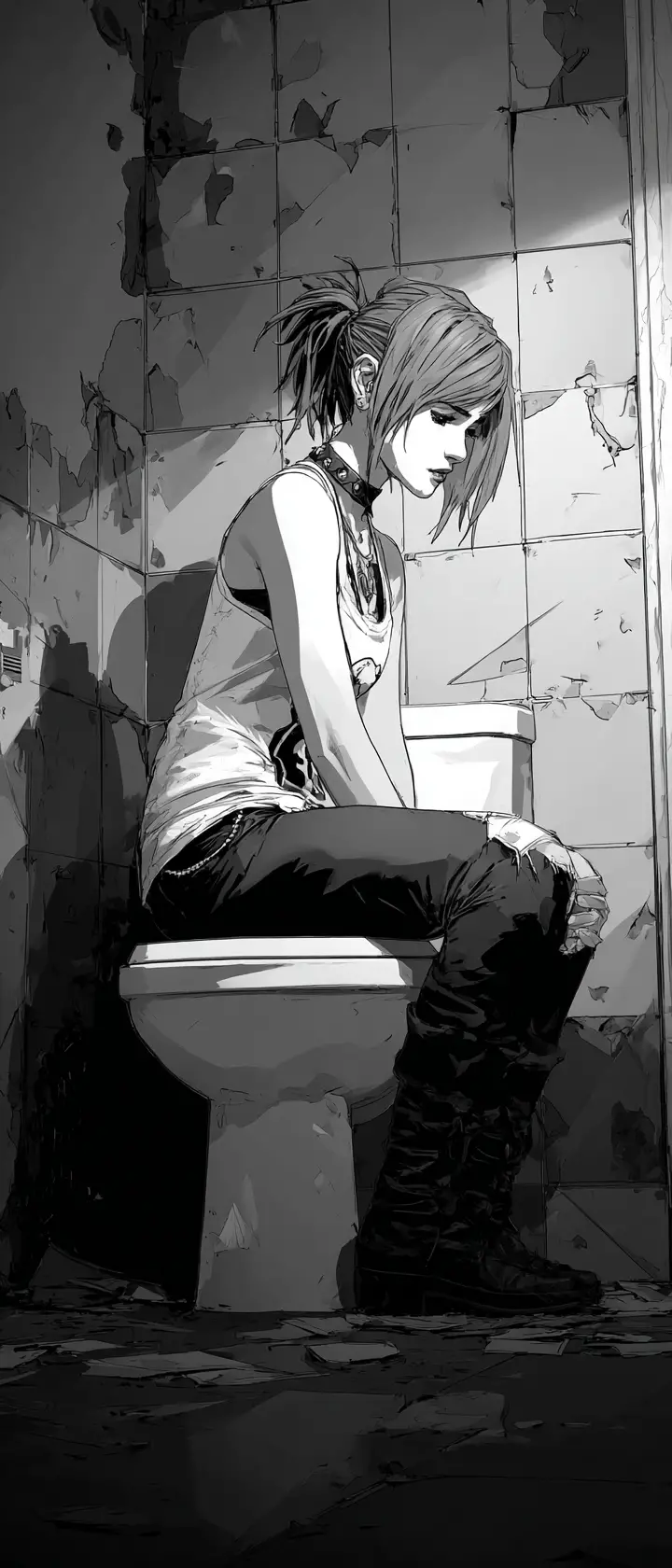 Emo girl portrait in a decayed black and white bathroom
