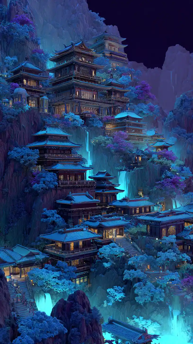 Cliffside pagoda city with glowing waterfalls at night
