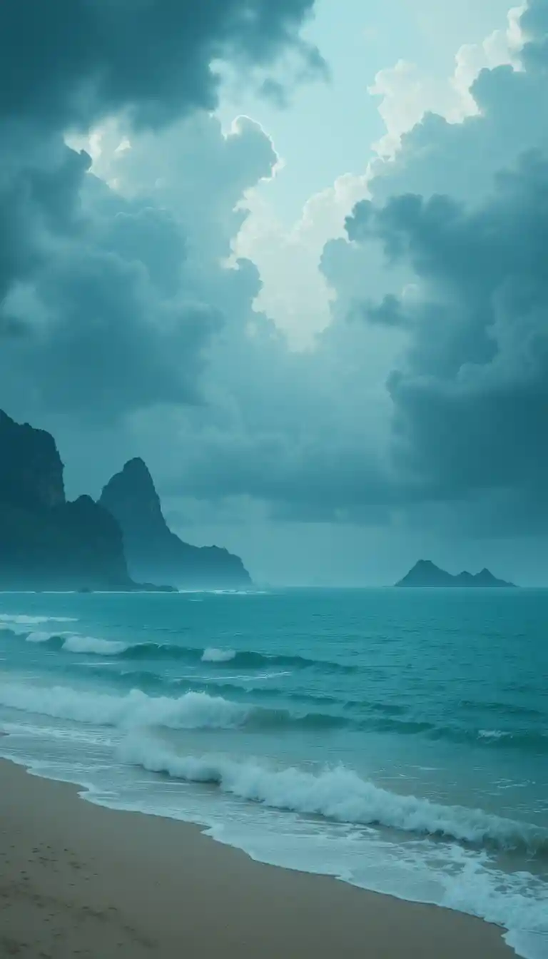 Epic sci fi tropical seascape with misty ocean horizon