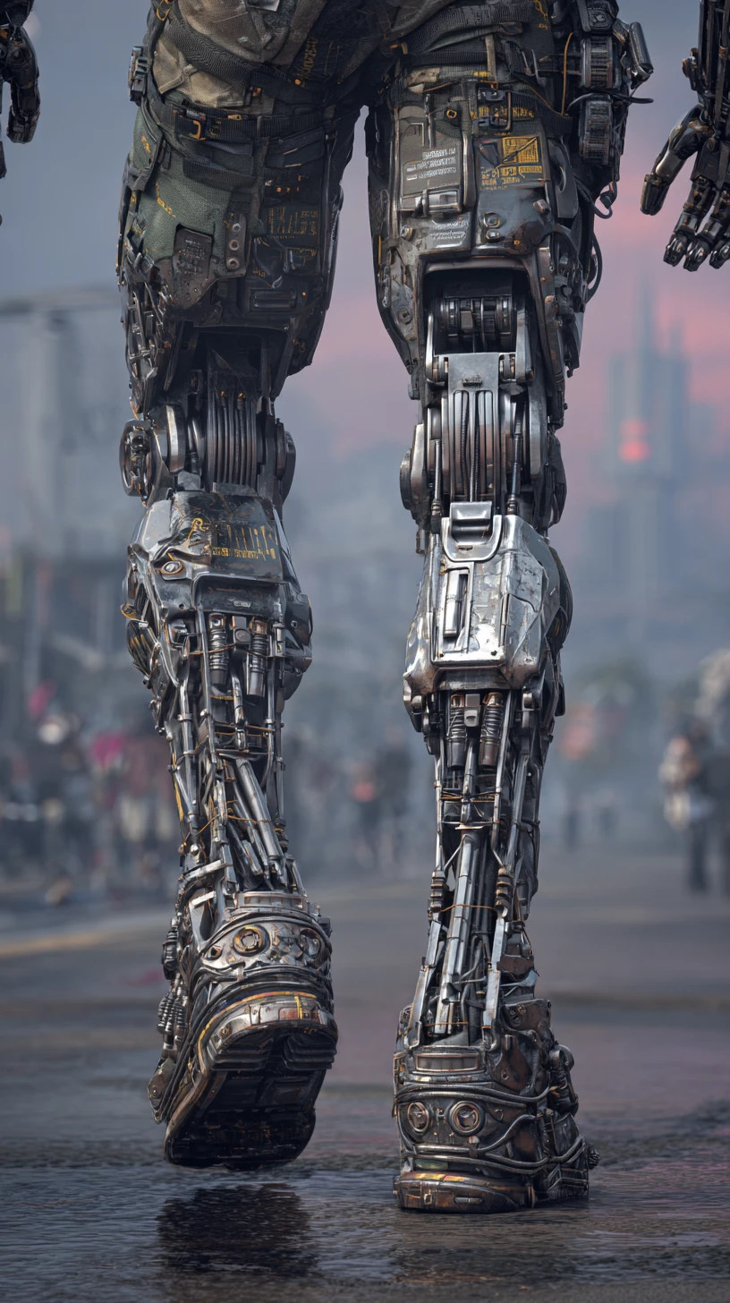 Gambe esoscheletriche d'acciaio futuristiche in una Los Angeles caotica