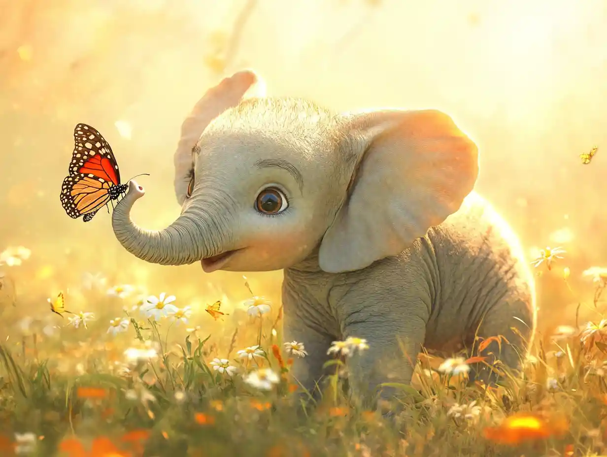 Cute baby elephant with butterfly in sunny savanna