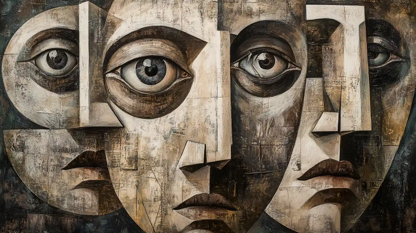 Surreal cubist portrait of fragmented human faces and eyes