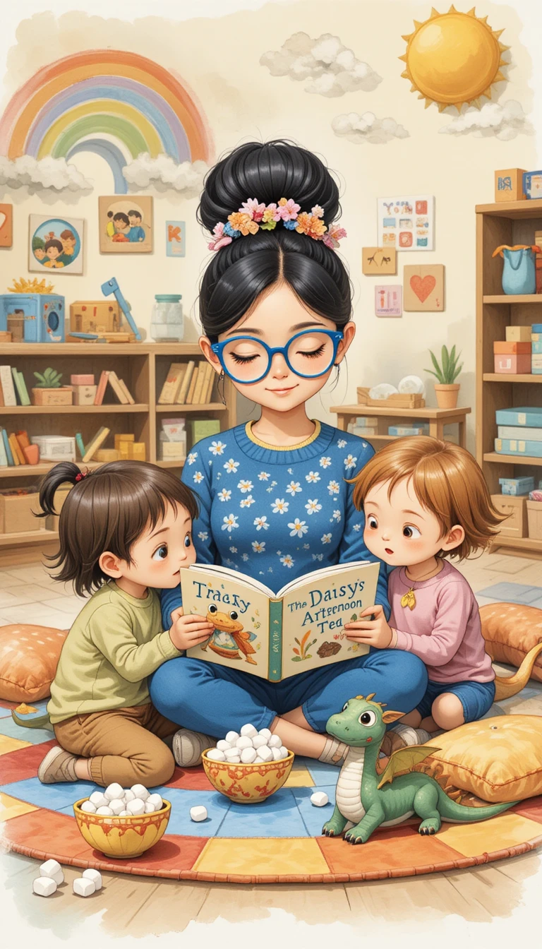 Lehrerin liest Kindern in einem gemütlichen Klassenraum vor – Illustration