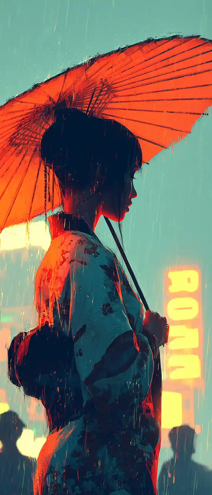 Cyber geisha dancing on a glass bridge between city and cosmos