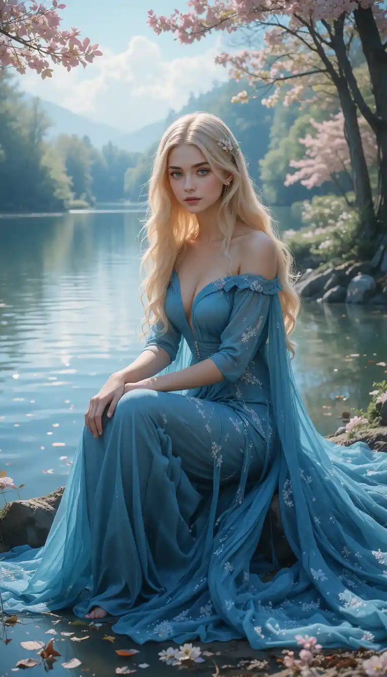 Blonde woman in blue evening dress by a spring lake