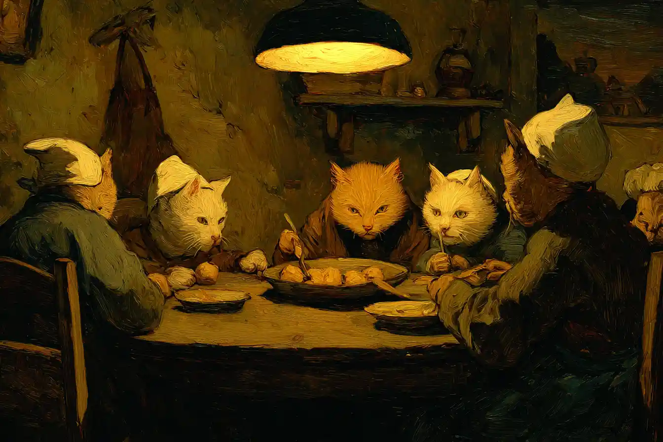 Soffice Gatti Contadini che Condividono Patate alla Luce di una Lampada