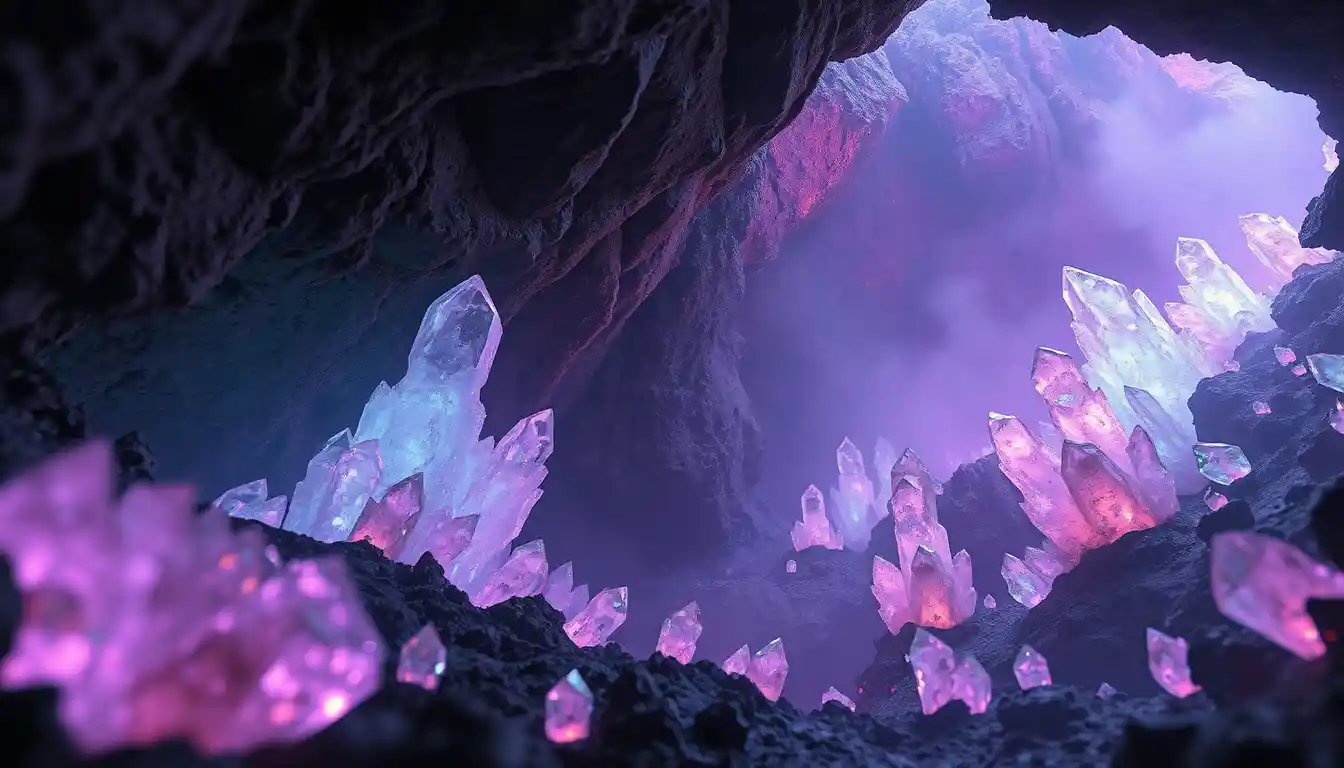 Alien crystals glowing inside a vast volcanic cavern
