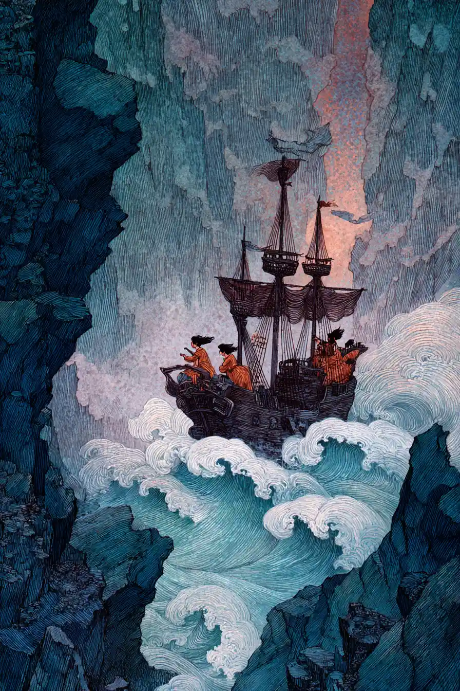 Pirate ship faces towering waves and rocky island