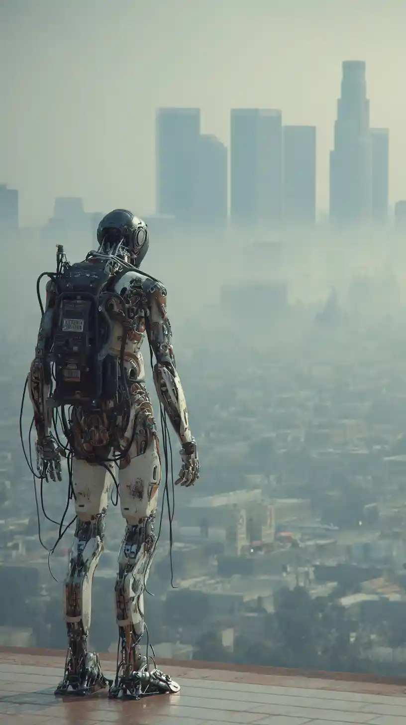 Futuristic steel exoskeleton towering over chaotic LA cityscape