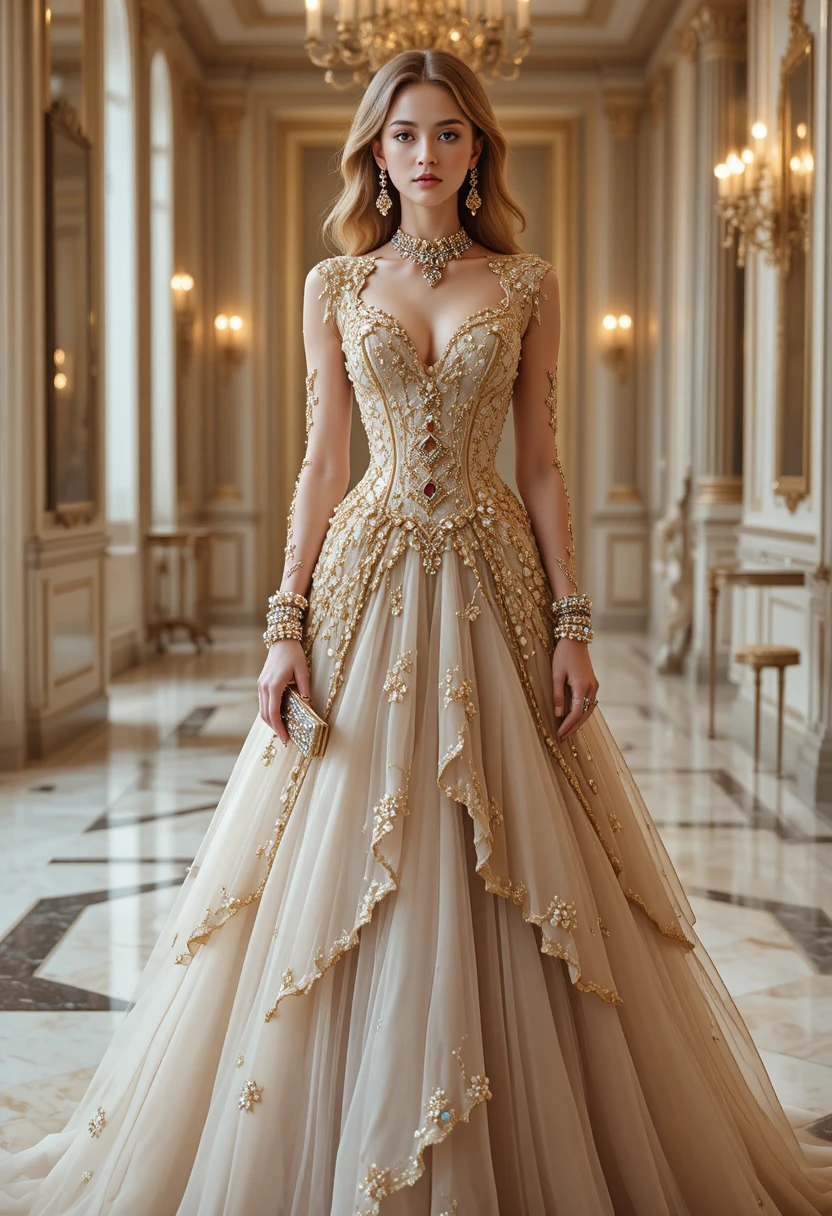 Elegante Frau im purpurroten Couture-Kleid im prunkvollen Ballsaal