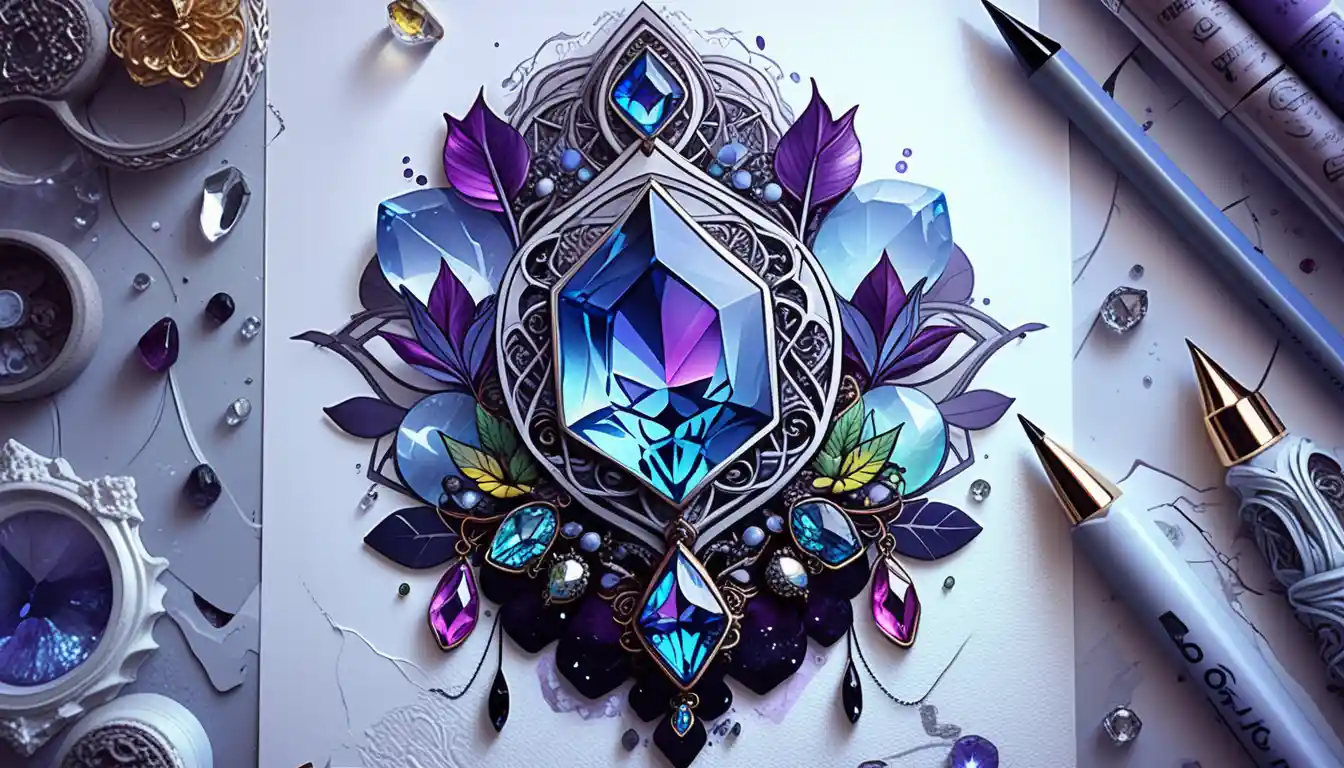 Bohemian goth gemstone jewelry illustration with neon crystal clusters
