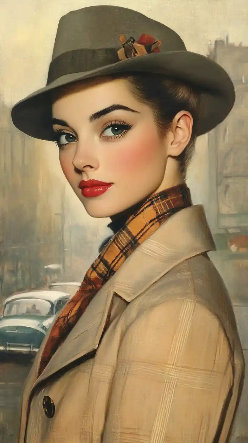 Elegant 1950s woman portrait on a blurred city street