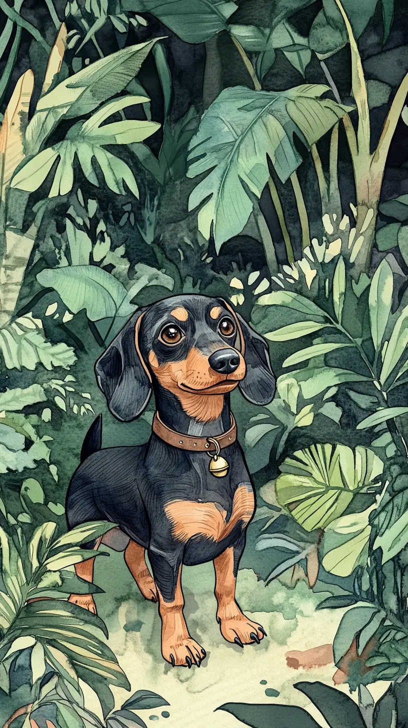 Dachshund walking through a peaceful garden illustration