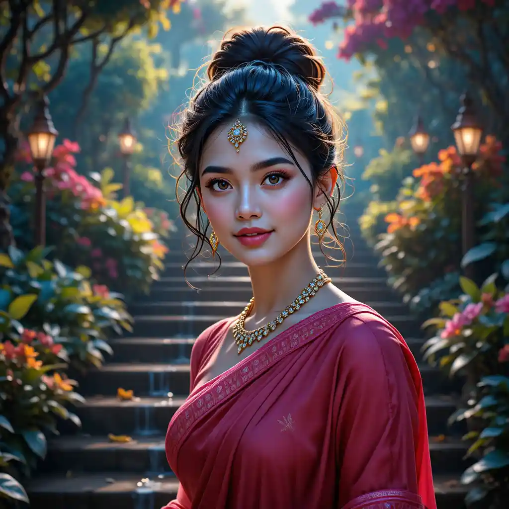Smiling Indian girl in red saree in a fantasy garden