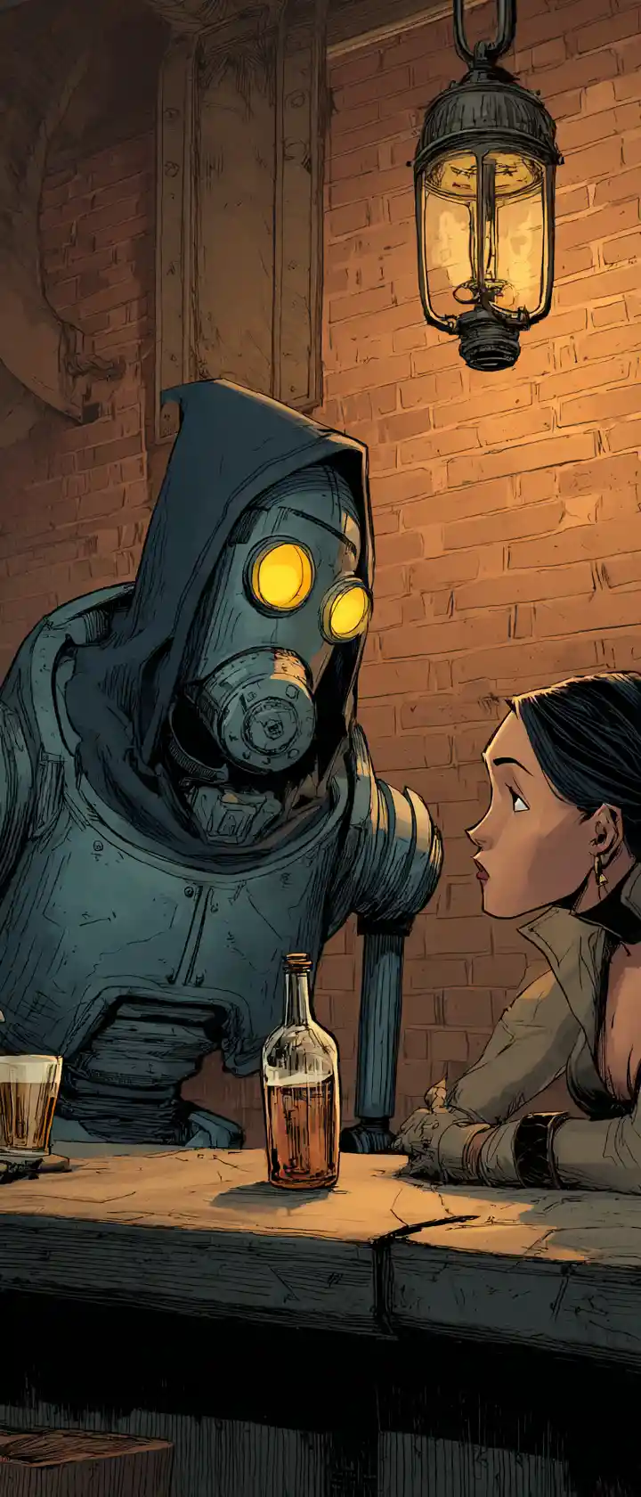 Steampunk-Roboter und Frau im Gespräch an einer schummrigen Bar